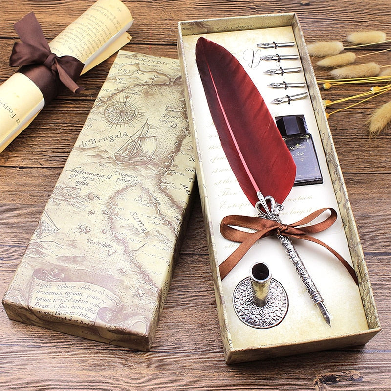 Aesthetic Carving Feather Dip Pen with Pen Holder